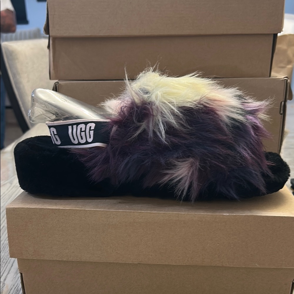 UGG Black Slippers with Multicolor Fluffy Fur Size 11